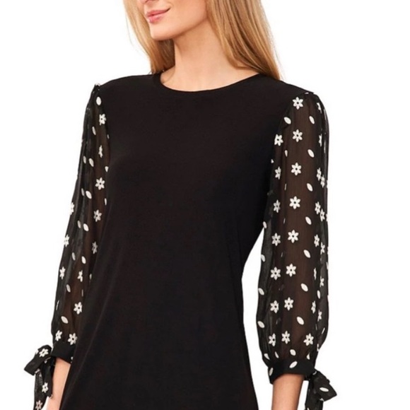 CeCe Puff White Floral Embroidery Elbow Tie Sleeve Rich Black Knit Top Sz XL - Picture 1 of 9